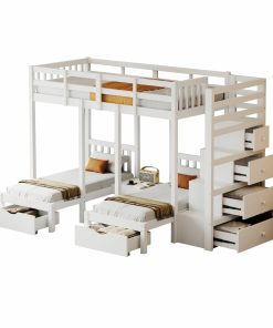 Triple bunk beds with stairs and storage drawers